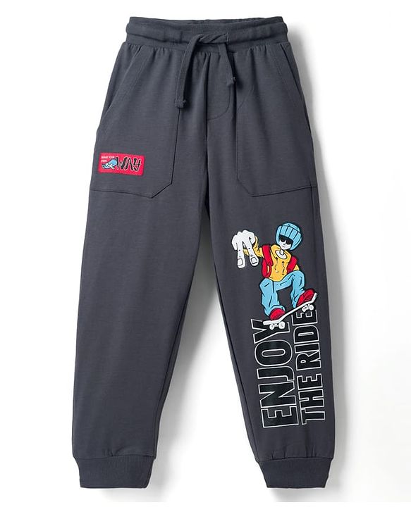 Pine Kids Terry Knit Full Length Lounge Pant With Text Print - Grey