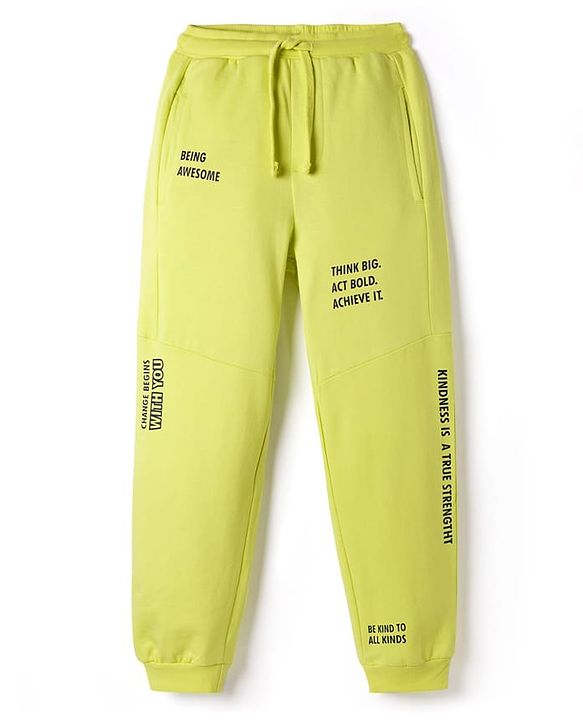 Pine Kids Terry Knit Full Length Lounge Pant With Text Print - Limegreen