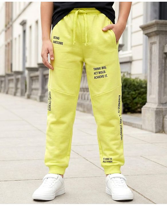 Pine Kids Terry Knit Full Length Lounge Pant With Text Print - Limegreen