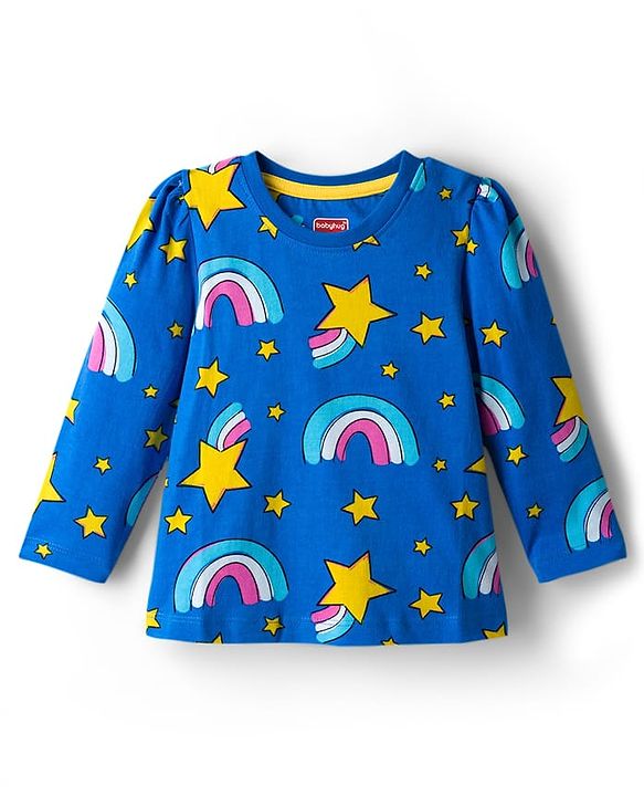 Babyhug Cotton Knit Full Sleeves Co-ord Night Suit With Rainbow Print - Blue