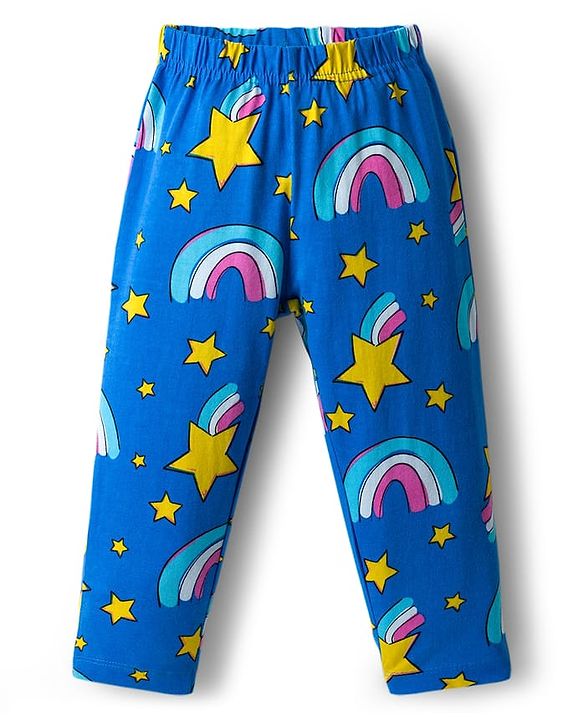 Babyhug Cotton Knit Full Sleeves Co-ord Night Suit With Rainbow Print - Blue