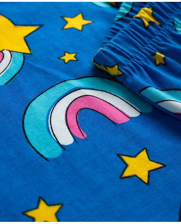 Babyhug Cotton Knit Full Sleeves Co-ord Night Suit With Rainbow Print - Blue