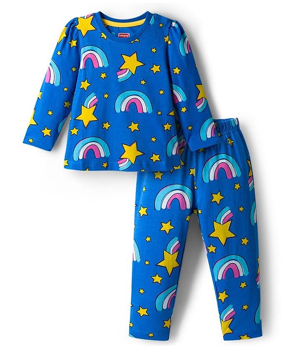 Babyhug Cotton Knit Full Sleeves Co-ord Night Suit With Rainbow Print - Blue