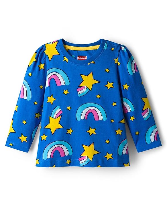 Babyhug Cotton Knit Full Sleeves Co-ord Night Suit With Rainbow Print - Blue
