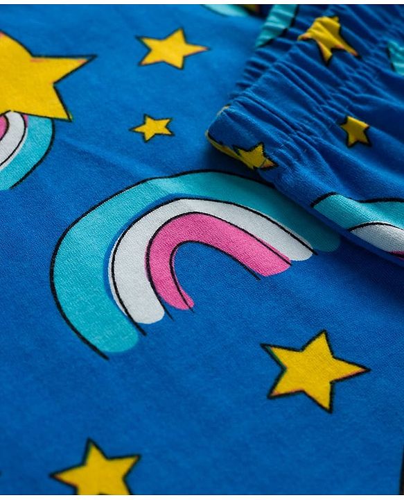 Babyhug Cotton Knit Full Sleeves Co-ord Night Suit With Rainbow Print - Blue