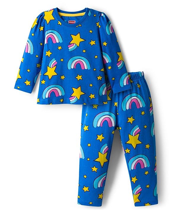 Babyhug Cotton Knit Full Sleeves Co-ord Night Suit With Rainbow Print - Blue