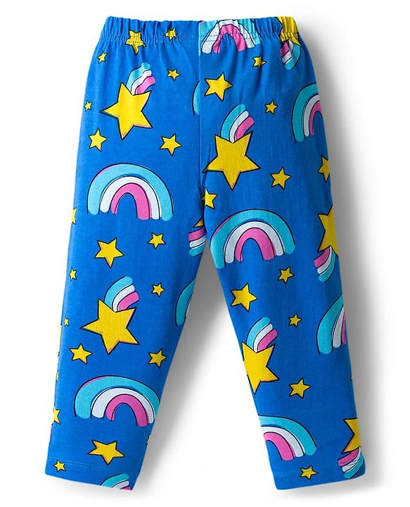 Babyhug Cotton Knit Full Sleeves Co-ord Night Suit With Rainbow Print - Blue