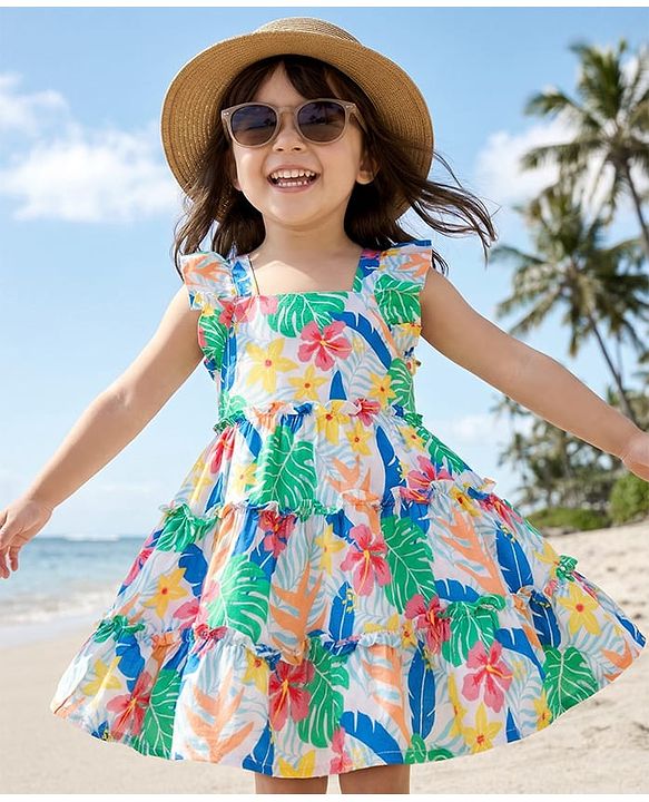 Babyhug Cotton Woven Sleeveless Frock With Floral Print - White