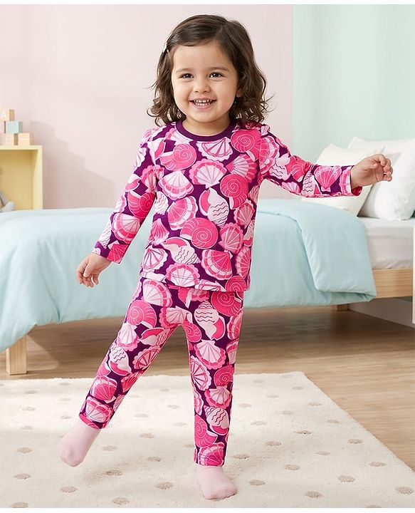 Babyhug Cotton Knit Full Sleeves T-Shirt & Pyjama Co-ord Night Suit With Seashell Print - Pink