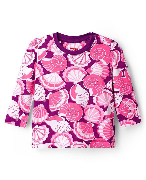 Babyhug Cotton Knit Full Sleeves T-Shirt & Pyjama Co-ord Night Suit With Seashell Print - Pink