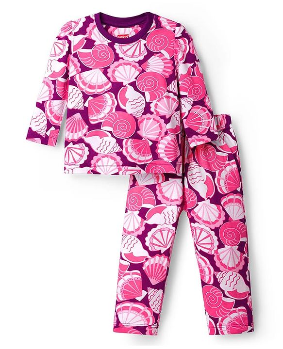 Babyhug Cotton Knit Full Sleeves T-Shirt & Pyjama Co-ord Night Suit With Seashell Print - Pink