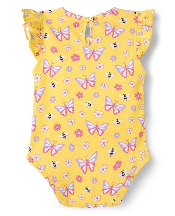Babyhug 100% Cotton Knit Frill Sleeves Onesie With Floral Print & Headband - Yellow