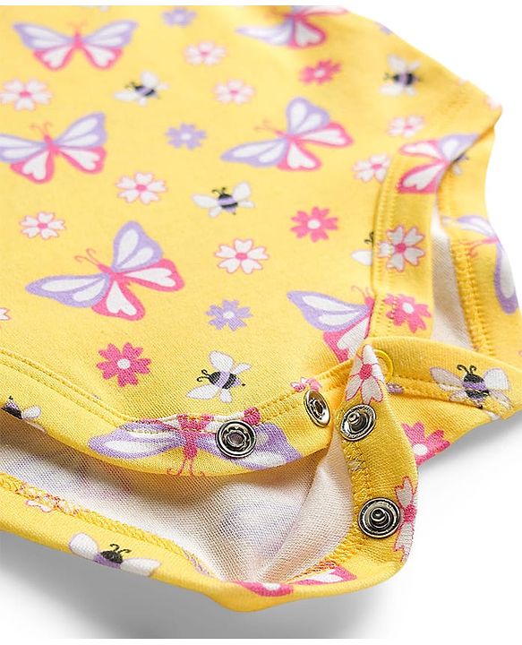 Babyhug 100% Cotton Knit Frill Sleeves Onesie With Floral Print & Headband - Yellow