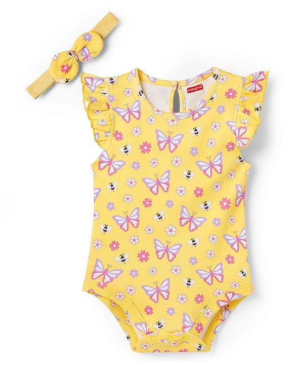 Babyhug 100% Cotton Knit Frill Sleeves Onesie With Floral Print & Headband - Yellow