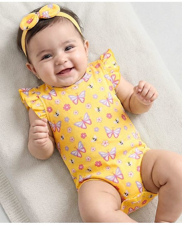 Babyhug 100% Cotton Knit Frill Sleeves Onesie With Floral Print & Headband - Yellow