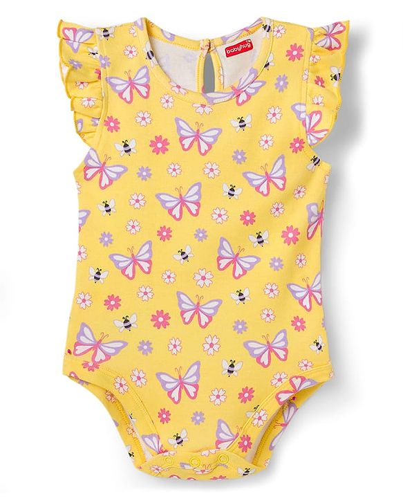 Babyhug 100% Cotton Knit Frill Sleeves Onesie With Floral Print & Headband - Yellow