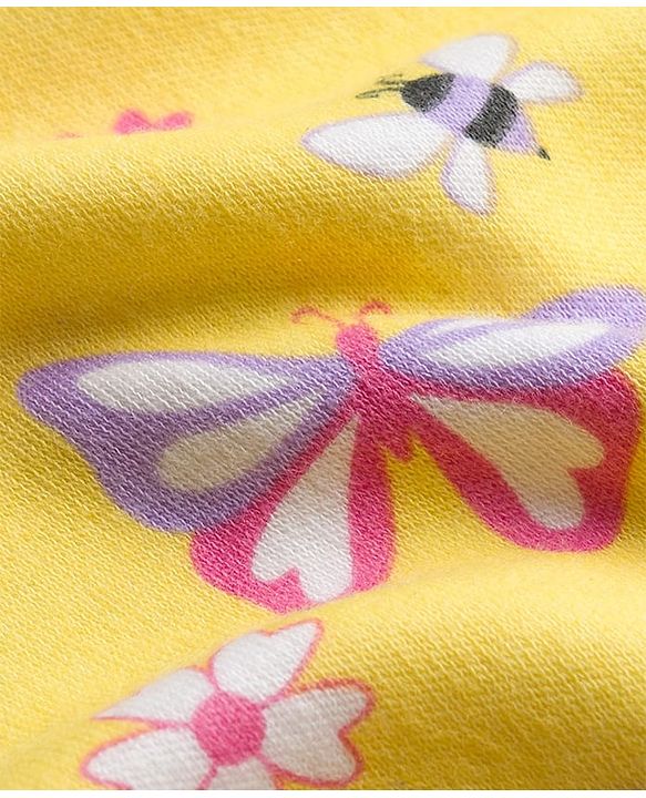 Babyhug 100% Cotton Knit Frill Sleeves Onesie With Floral Print & Headband - Yellow