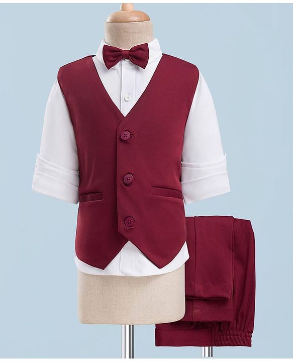 Babyhug Knit Full Sleeves Solid 3 Piece Party Suit With Bow - Wine