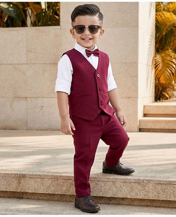 Babyhug Knit Full Sleeves Solid 3 Piece Party Suit With Bow - Wine
