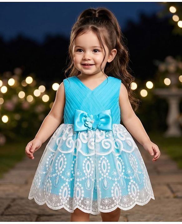 Babyhug 5 Layers With Cotton Lining Mesh Sleeveless Party Dress With Heavy Embroidery Detailing & Bow - Light Blue