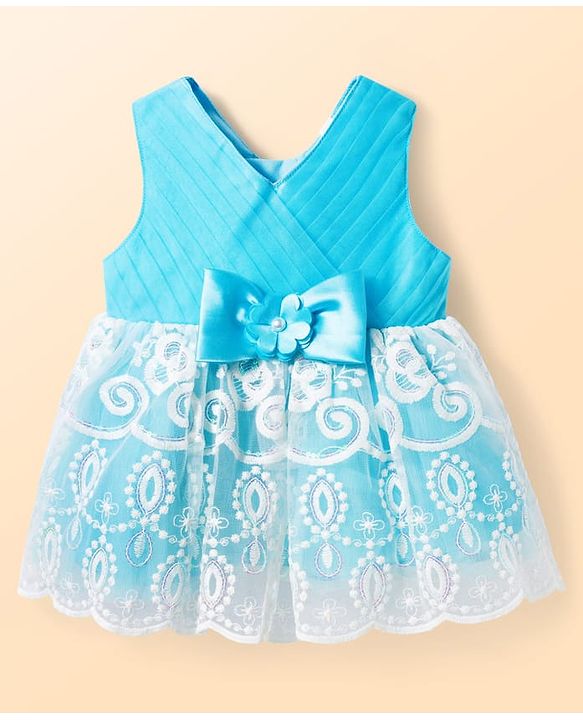 Babyhug 5 Layers With Cotton Lining Mesh Sleeveless Party Dress With Heavy Embroidery Detailing & Bow - Light Blue