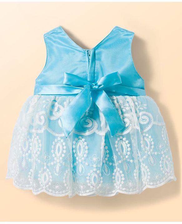 Babyhug 5 Layers With Cotton Lining Mesh Sleeveless Party Dress With Heavy Embroidery Detailing & Bow - Light Blue