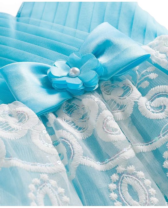 Babyhug 5 Layers With Cotton Lining Mesh Sleeveless Party Dress With Heavy Embroidery Detailing & Bow - Light Blue
