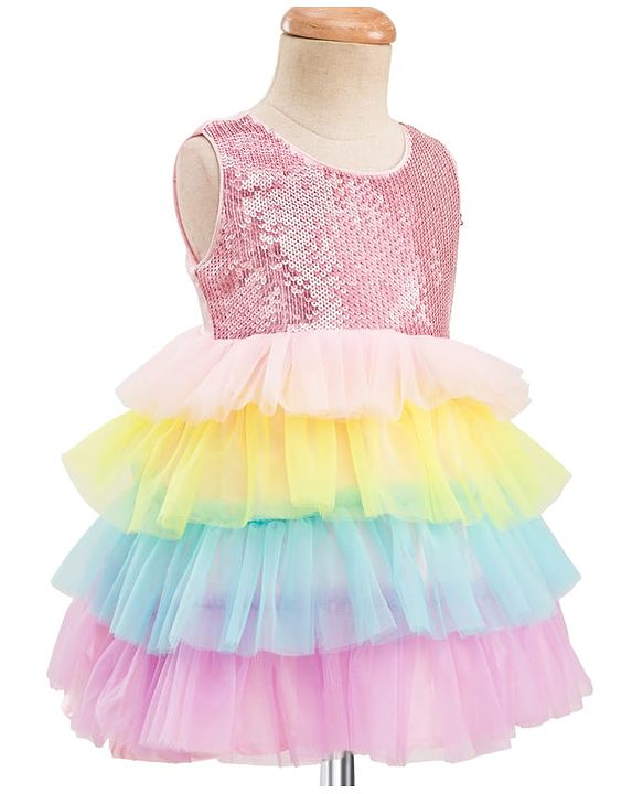 Babyhug Woven Sleeveless Mesh Party Dress With Sequinned Yoke - Multicolor