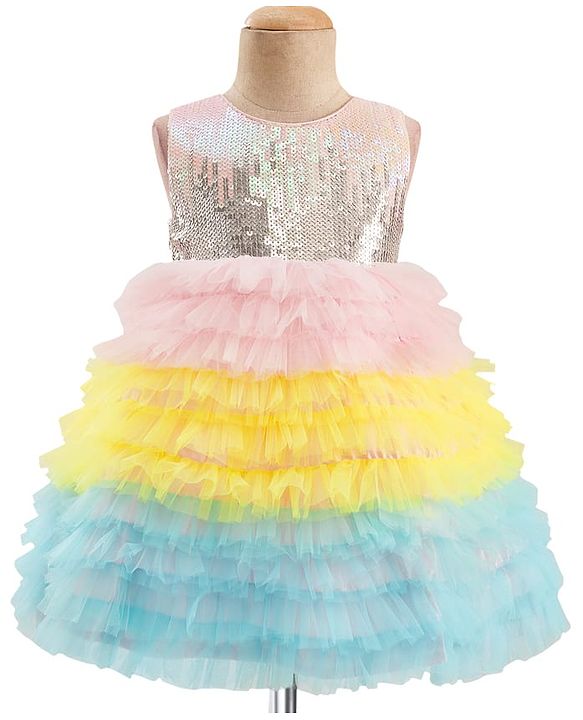 Babyhug Woven Sleeveless Mesh Party Dress With Sequinned Yoke - Multicolor