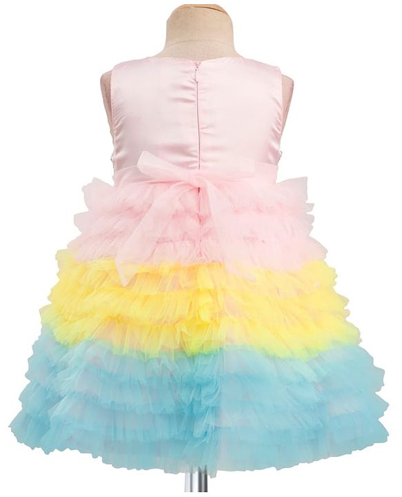 Babyhug Woven Sleeveless Mesh Party Dress With Sequinned Yoke - Multicolor