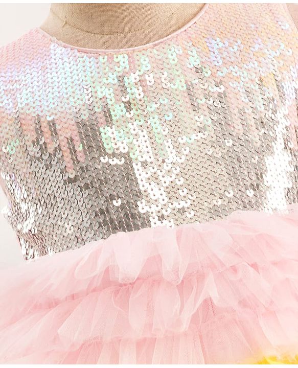 Babyhug Woven Sleeveless Mesh Party Dress With Sequinned Yoke - Multicolor