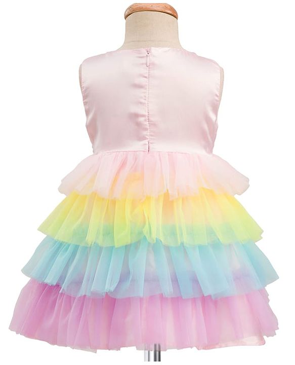 Babyhug Woven Sleeveless Mesh Party Dress With Sequinned Yoke - Multicolor