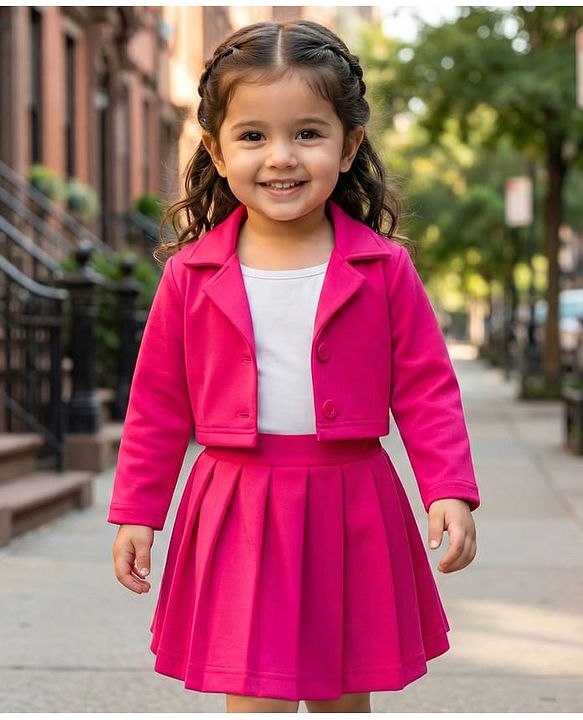 Babyhug Scuba Woven Full Sleeves Solid Jacket & Skirt With Inner Top - Dark Pink