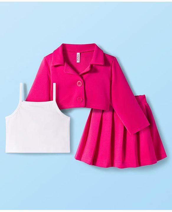 Babyhug Scuba Woven Full Sleeves Solid Jacket & Skirt With Inner Top - Dark Pink