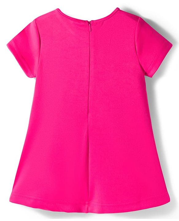 Babyhug Scuba Woven Half Sleeves Solid Party Dress With Frill Detailing & Bow Applique - Dark Pink