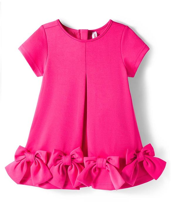 Babyhug Scuba Woven Half Sleeves Solid Party Dress With Frill Detailing & Bow Applique - Dark Pink