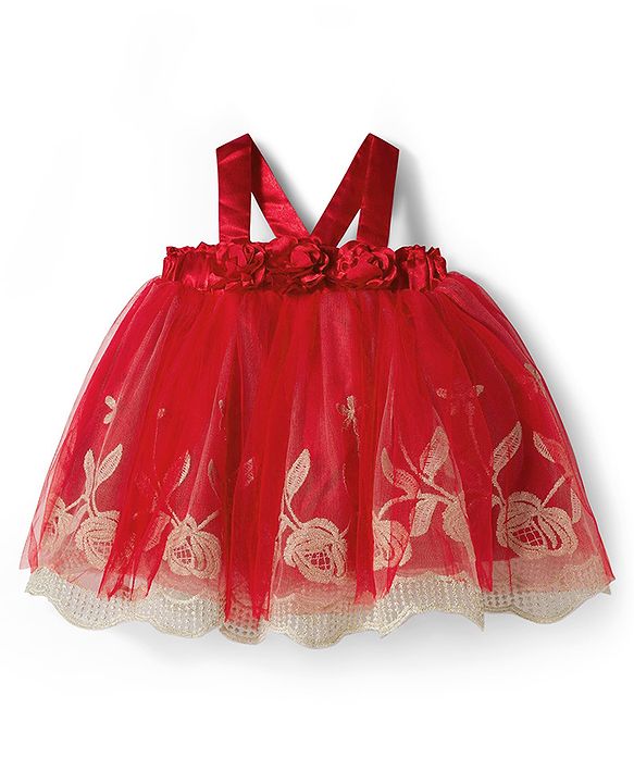 Babyhug Mesh Woven Sleeveless Party Dress With Floral Applique & Embroidery - Red