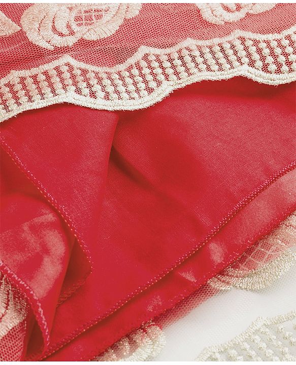 Babyhug Mesh Woven Sleeveless Party Dress With Floral Applique & Embroidery - Red