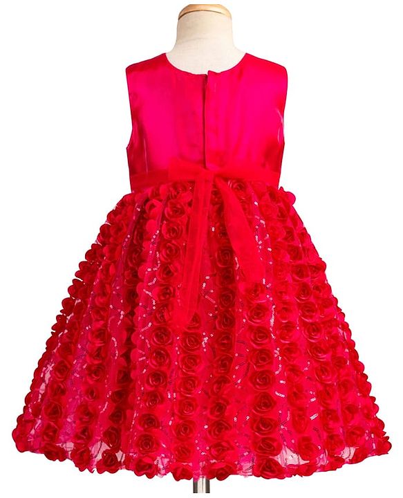 Babyhug Mesh Woven Sleeveless Party Dress With Floral Corsage & Bow Applique - Fuchsia