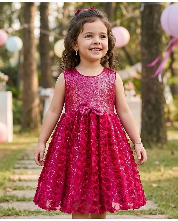 Babyhug Mesh Woven Sleeveless Party Dress With Floral Corsage & Bow Applique - Fuchsia