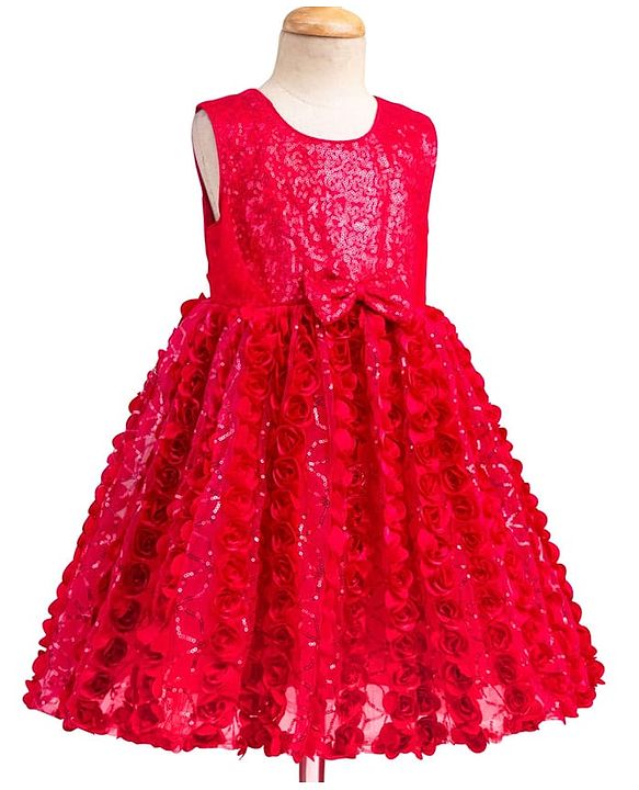 Babyhug Mesh Woven Sleeveless Party Dress With Floral Corsage & Bow Applique - Fuchsia
