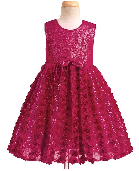 Babyhug Mesh Woven Sleeveless Party Dress With Floral Corsage & Bow Applique - Fuchsia