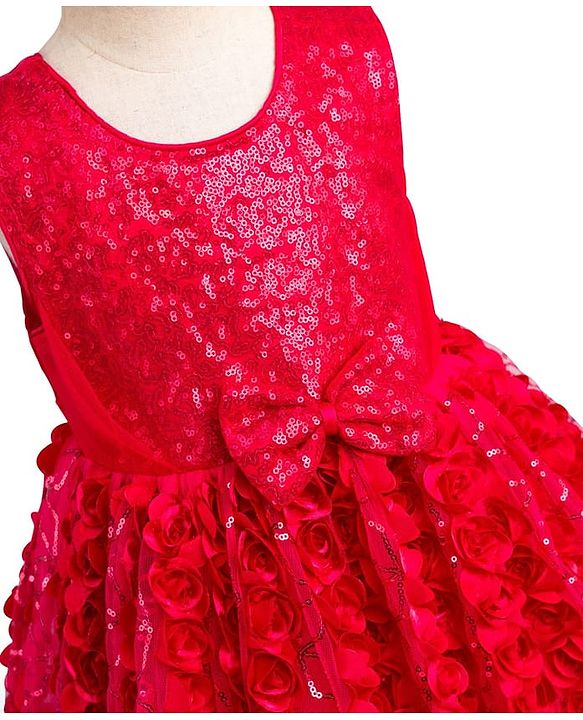 Babyhug Mesh Woven Sleeveless Party Dress With Floral Corsage & Bow Applique - Fuchsia