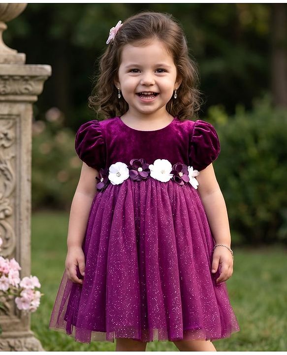 Babyhug Mesh Woven Half Puffed Sleeves Fit and Flare Party Dress With Glitter & Floral Applique - Wine