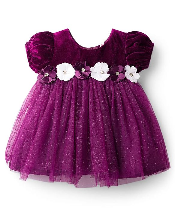 Babyhug Mesh Woven Half Puffed Sleeves Fit and Flare Party Dress With Glitter & Floral Applique - Wine