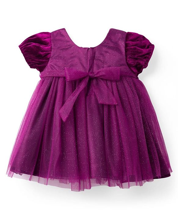 Babyhug Mesh Woven Half Puffed Sleeves Fit and Flare Party Dress With Glitter & Floral Applique - Wine