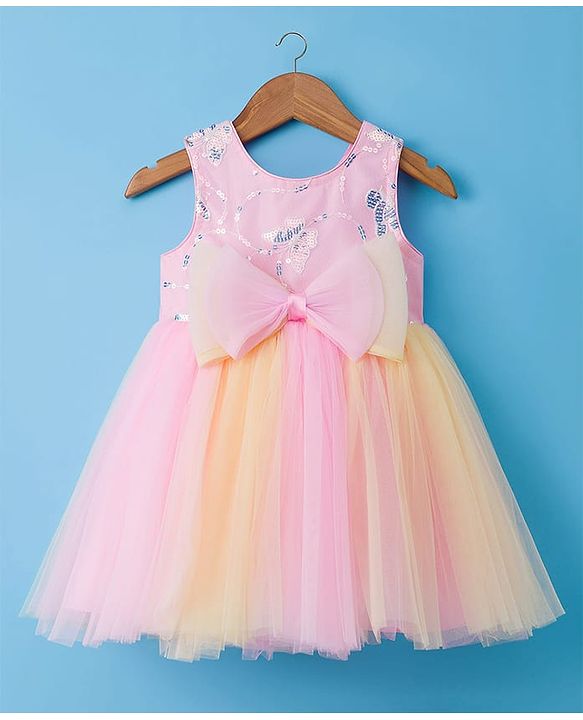 Babyhug Woven Sleeveless Party Dress with Bow Applique & Sequin Detailing - Multicolor