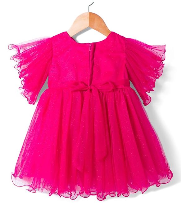 Babyhug Woven Frill Sleeves Party Dress with Corsage - Fuchsia