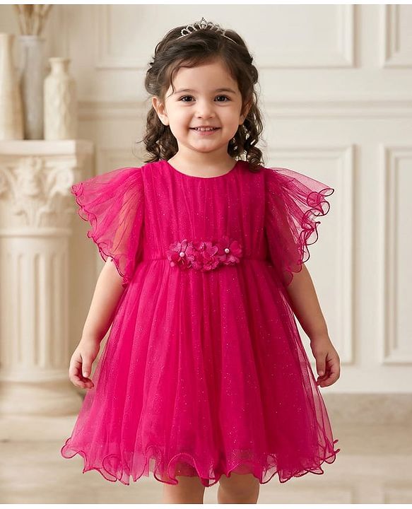 Babyhug Woven Frill Sleeves Party Dress with Corsage - Fuchsia