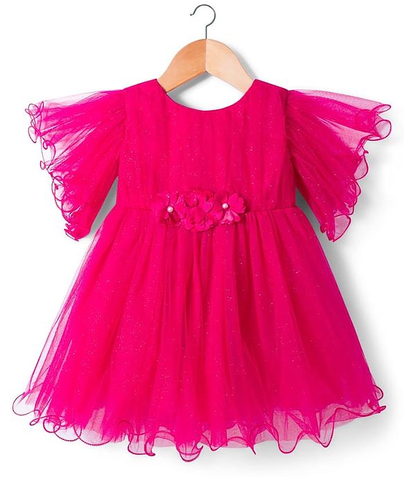 Babyhug Woven Frill Sleeves Party Dress with Corsage - Fuchsia